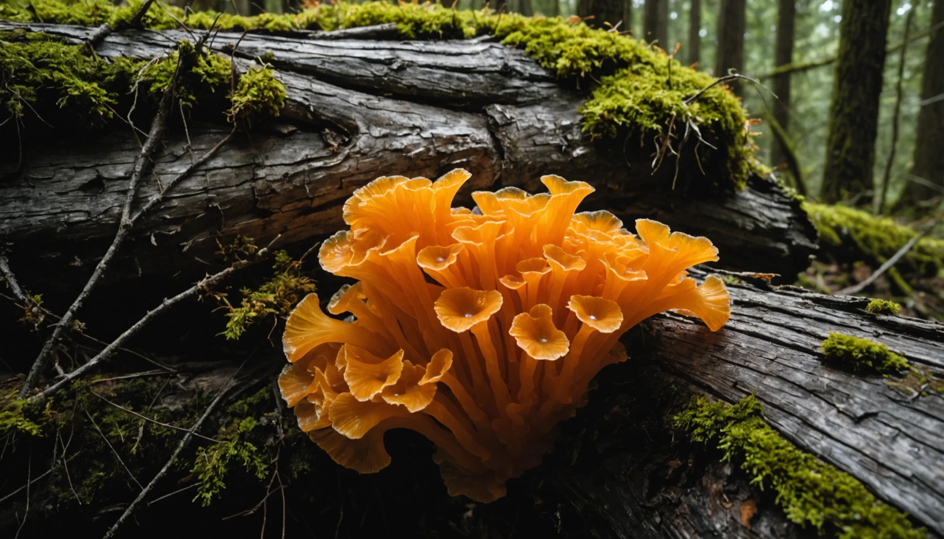champignon orange sur bois mort